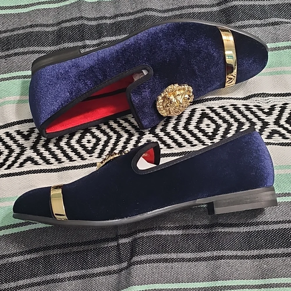 Jitai Ornate Dark Blue & Black Velvet Gold Lion Head Loafers Size 9.5 NEW In Box